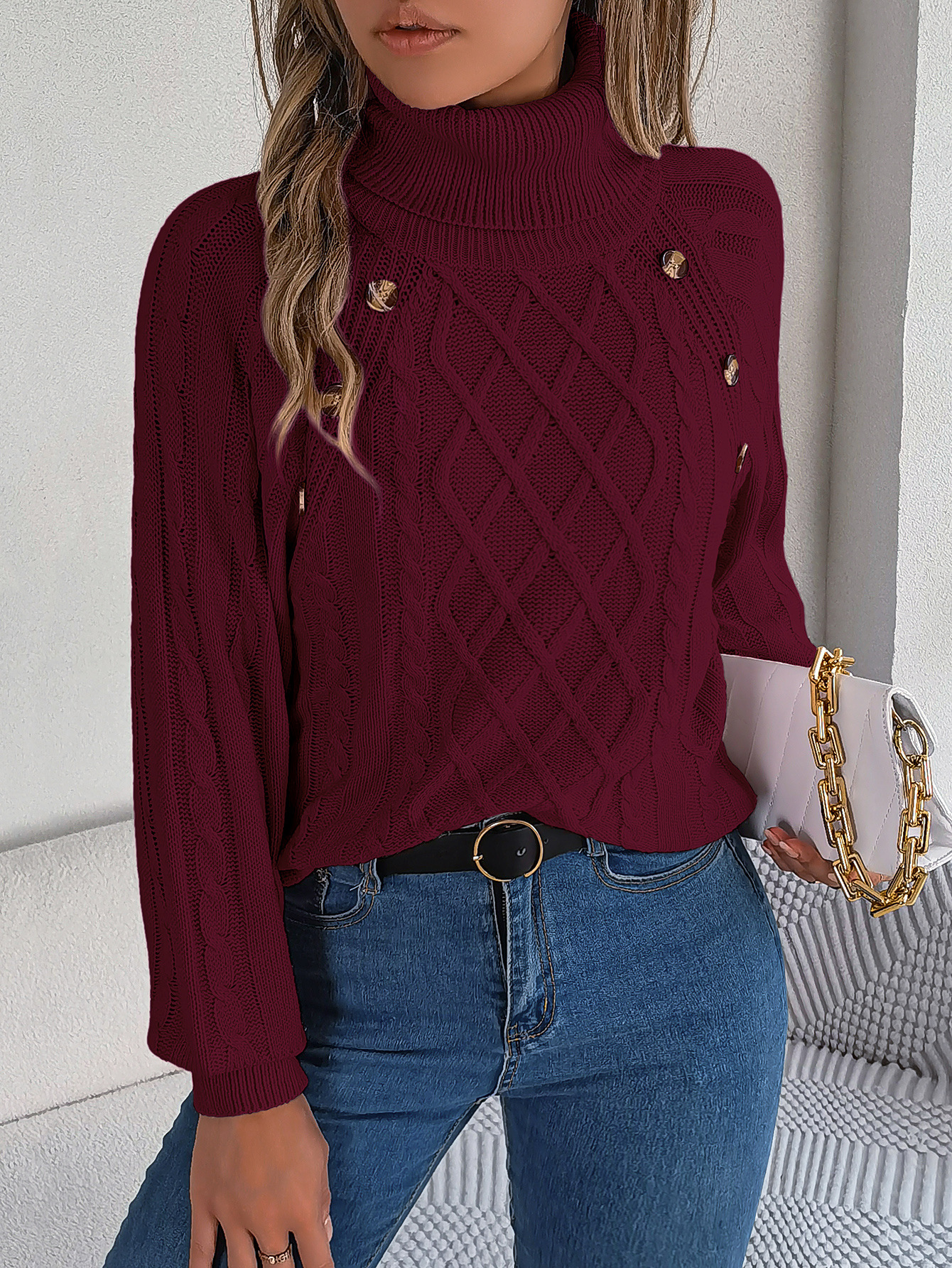 Cozy Turtleneck Cable Knit Button Accent Sweater