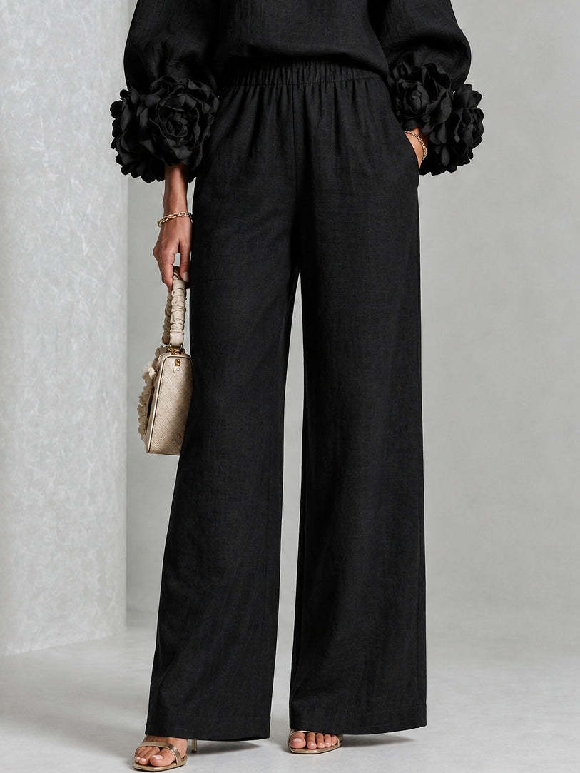 Elegant 3D Floral Cuff Balloon Sleeve Wide-Leg Pants Set