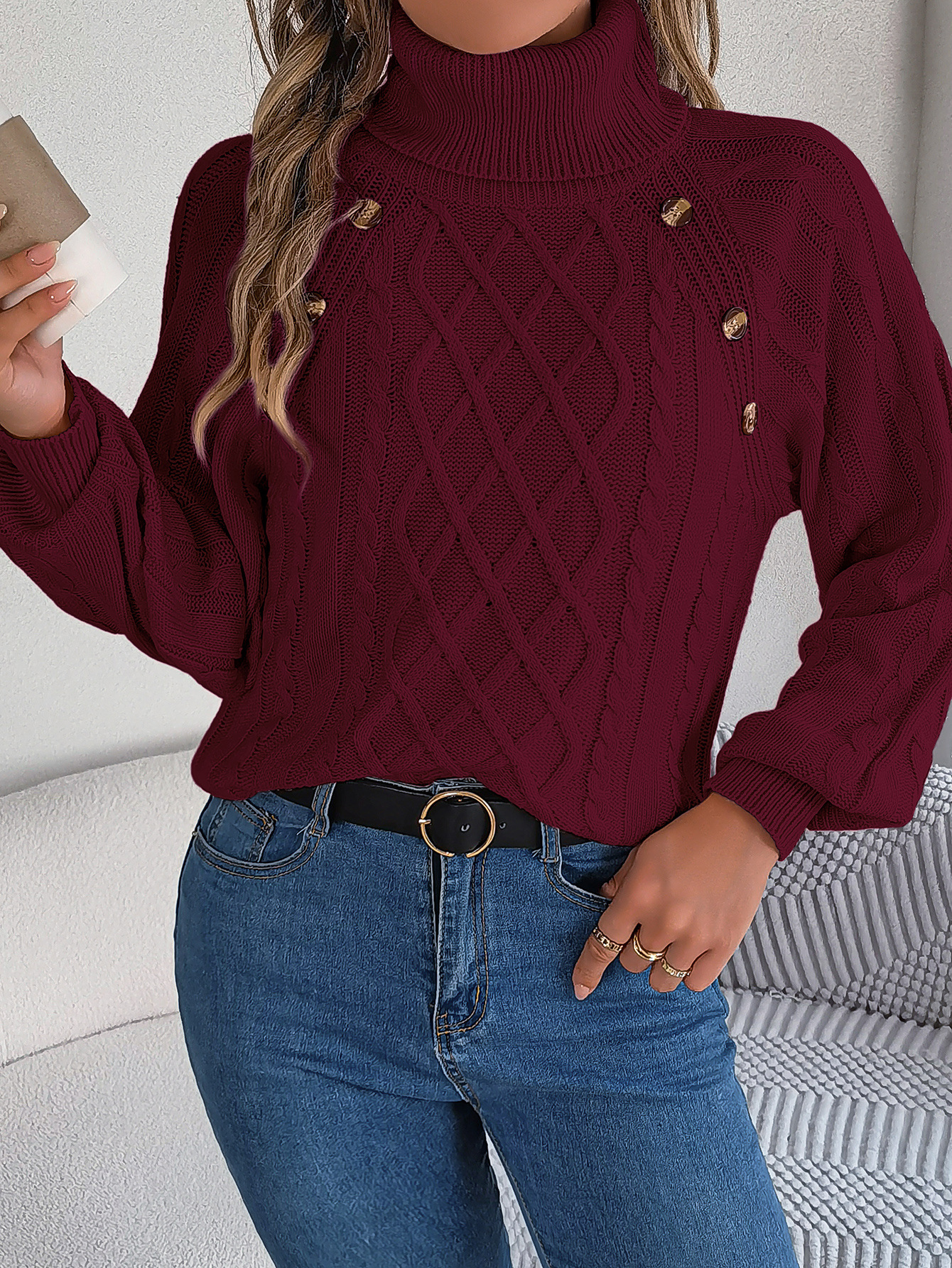 Cozy Turtleneck Cable Knit Button Accent Sweater