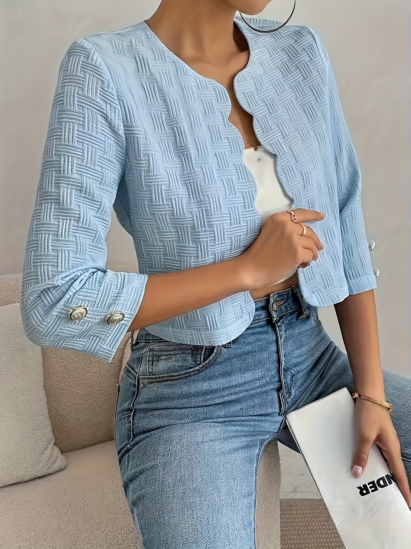 Elegant Textured Woven Open Front Cropped Jacket