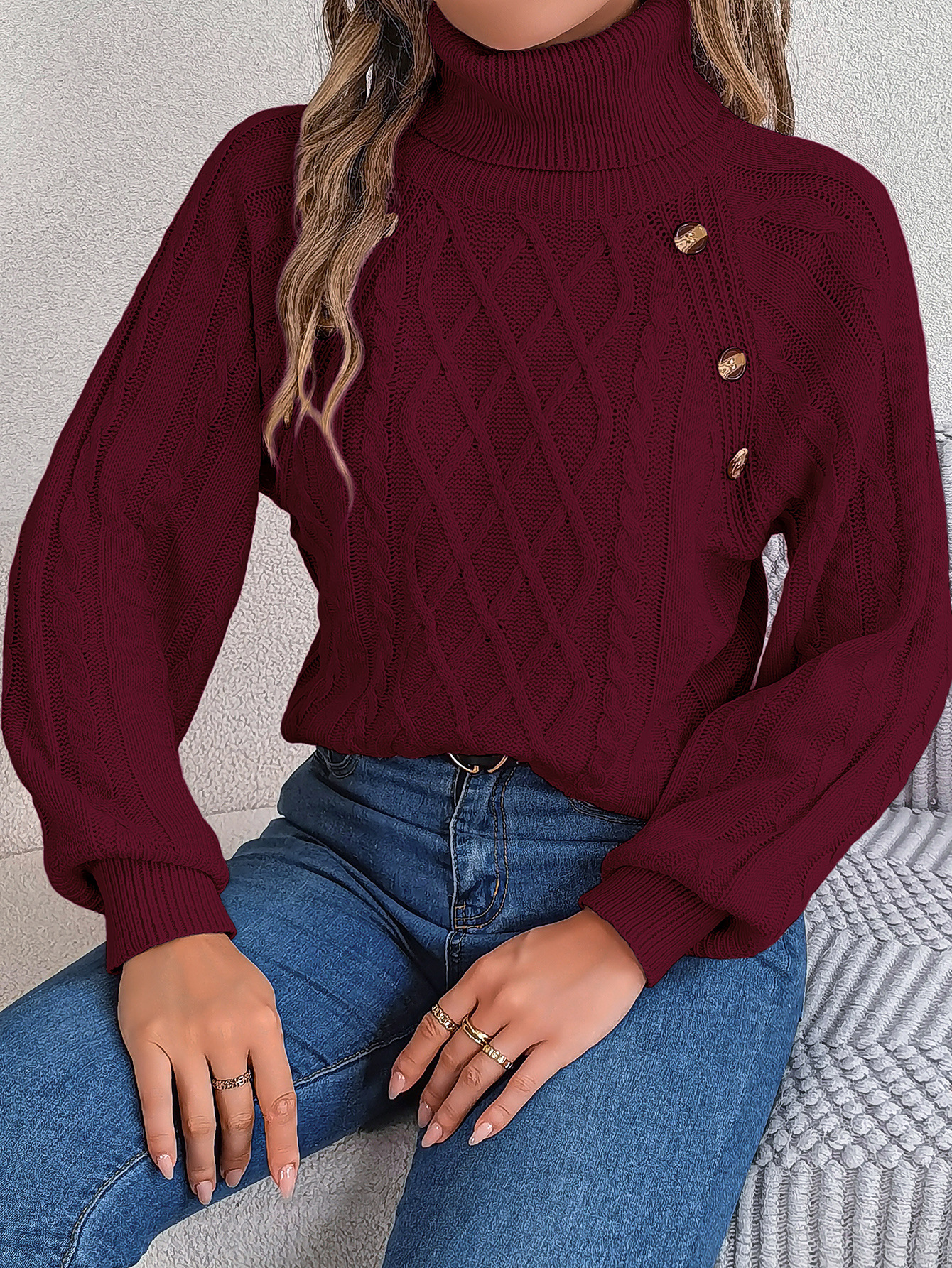 Cozy Turtleneck Cable Knit Button Accent Sweater