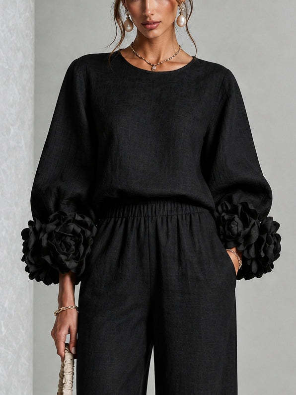 Elegant 3D Floral Cuff Balloon Sleeve Wide-Leg Pants Set