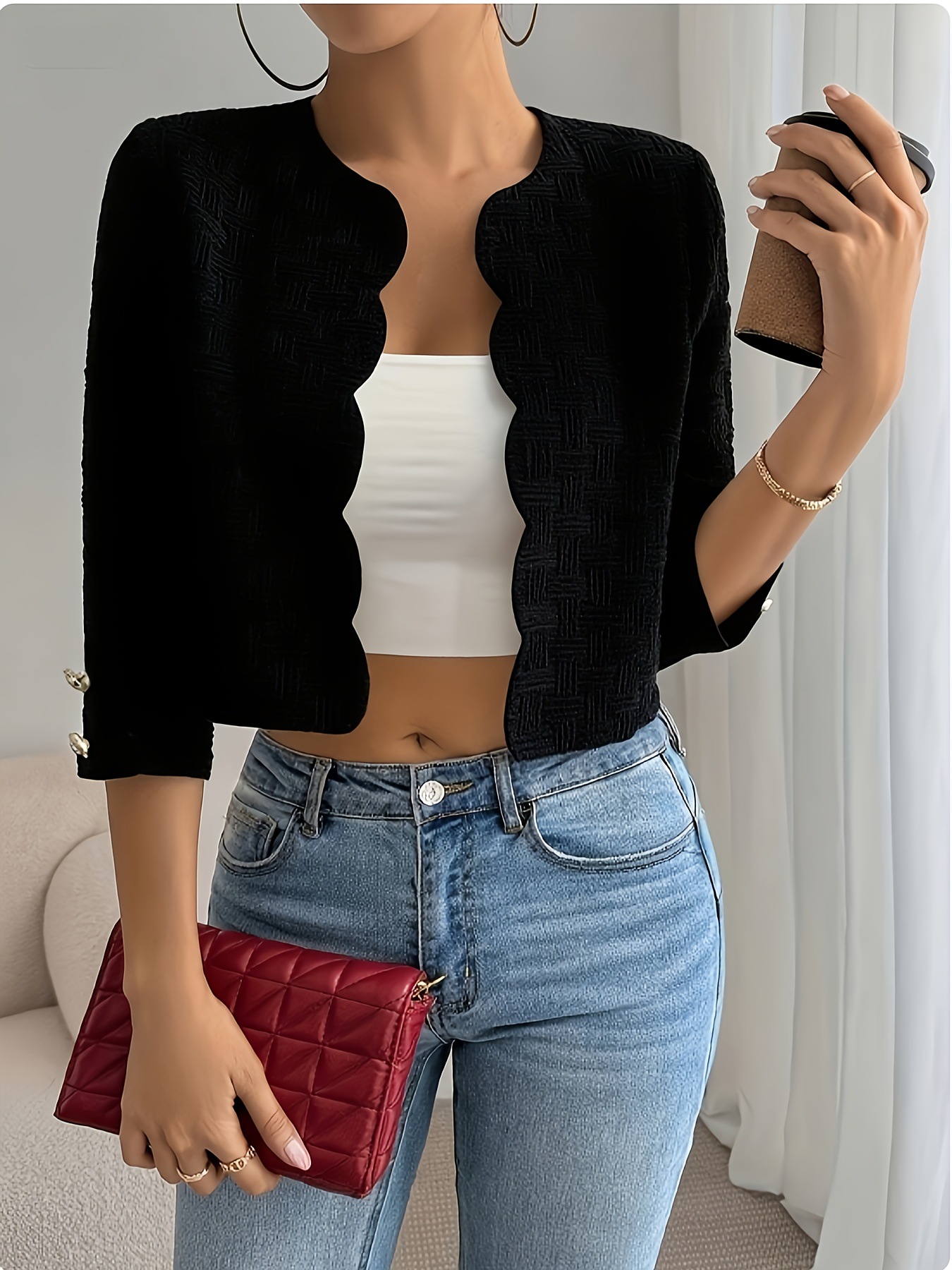 Elegant Textured Woven Open Front Cropped Jacket