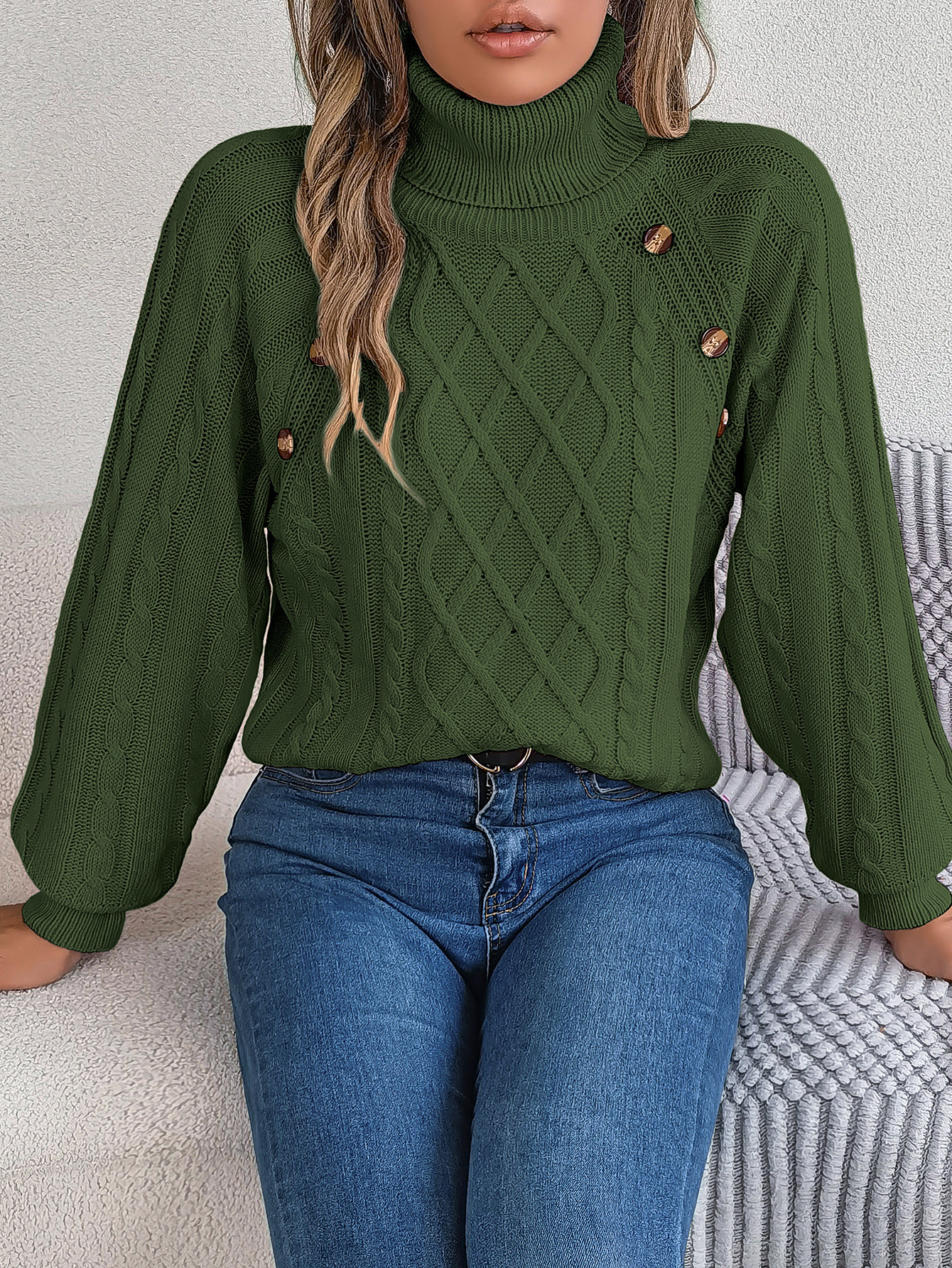 Cozy Turtleneck Cable Knit Button Accent Sweater