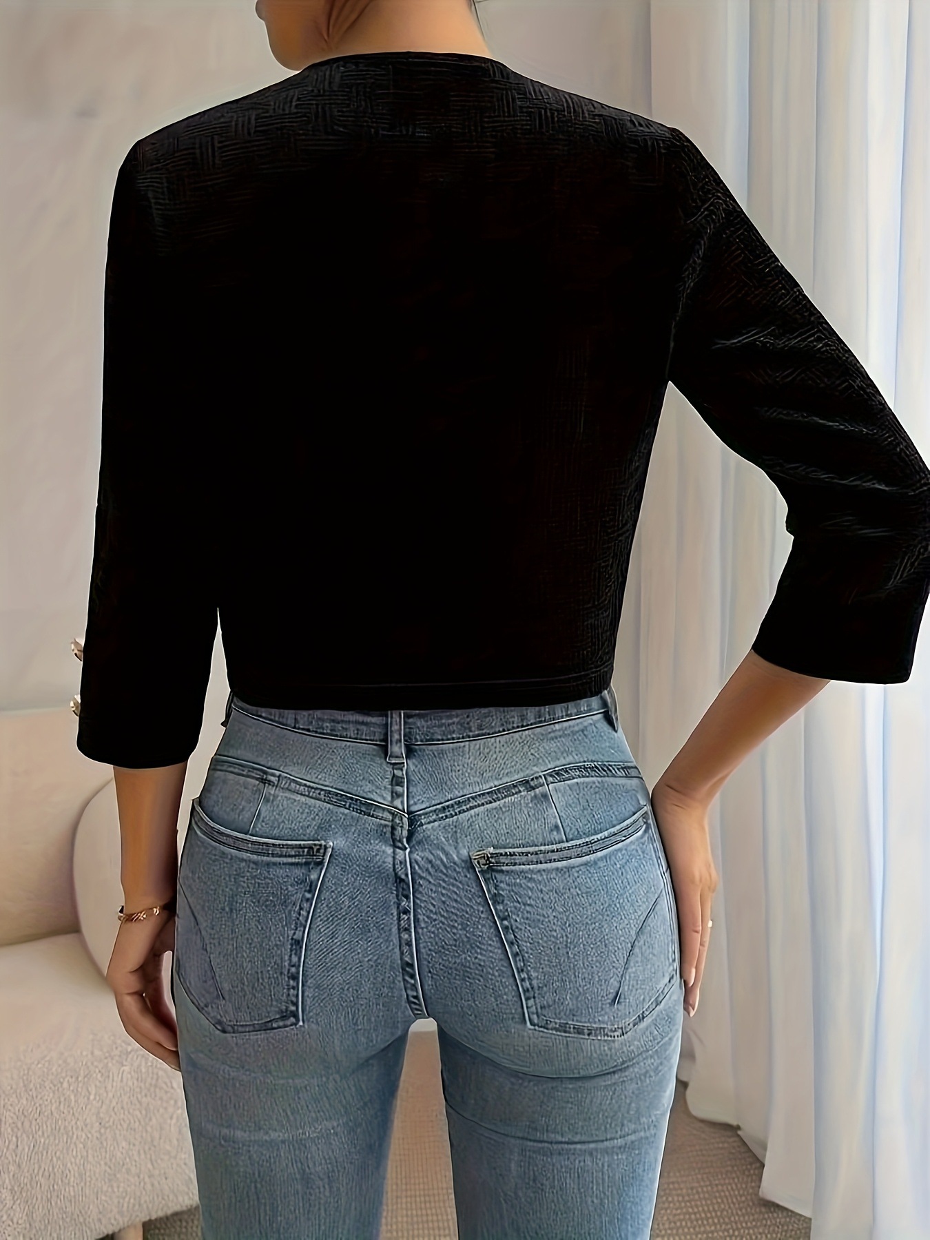 Elegant Textured Woven Open Front Cropped Jacket