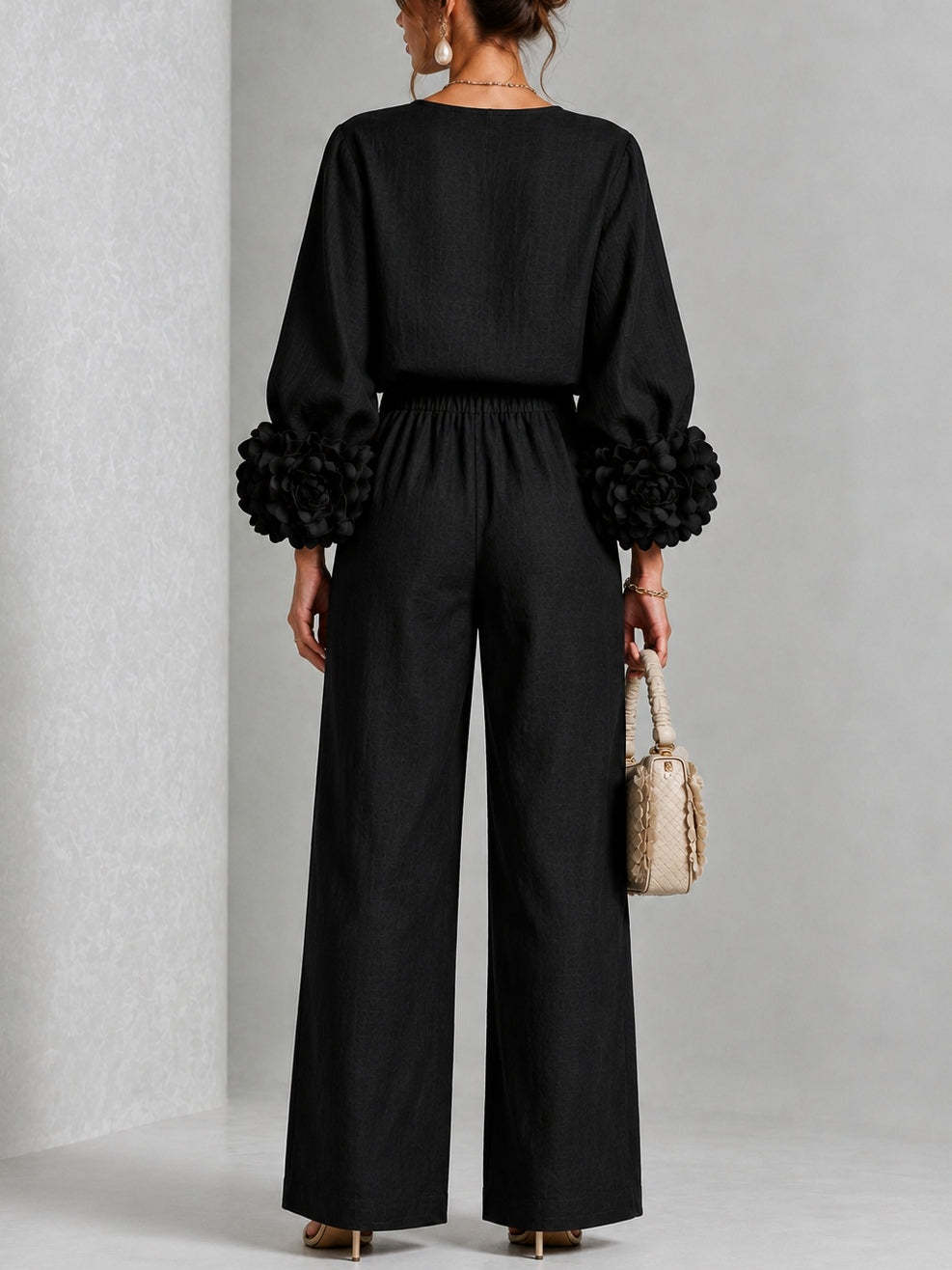 Elegant 3D Floral Cuff Balloon Sleeve Wide-Leg Pants Set