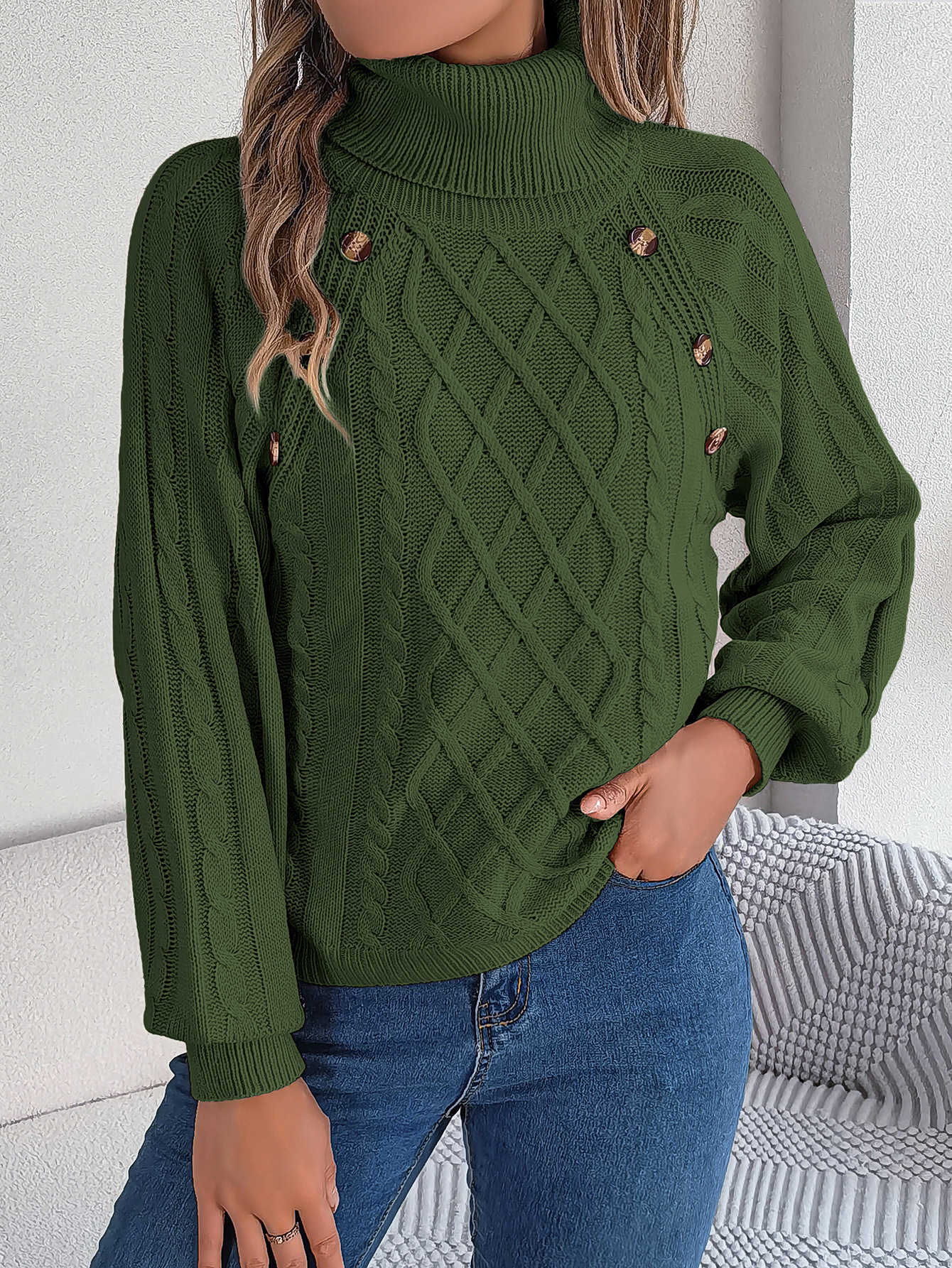 Cozy Turtleneck Cable Knit Button Accent Sweater