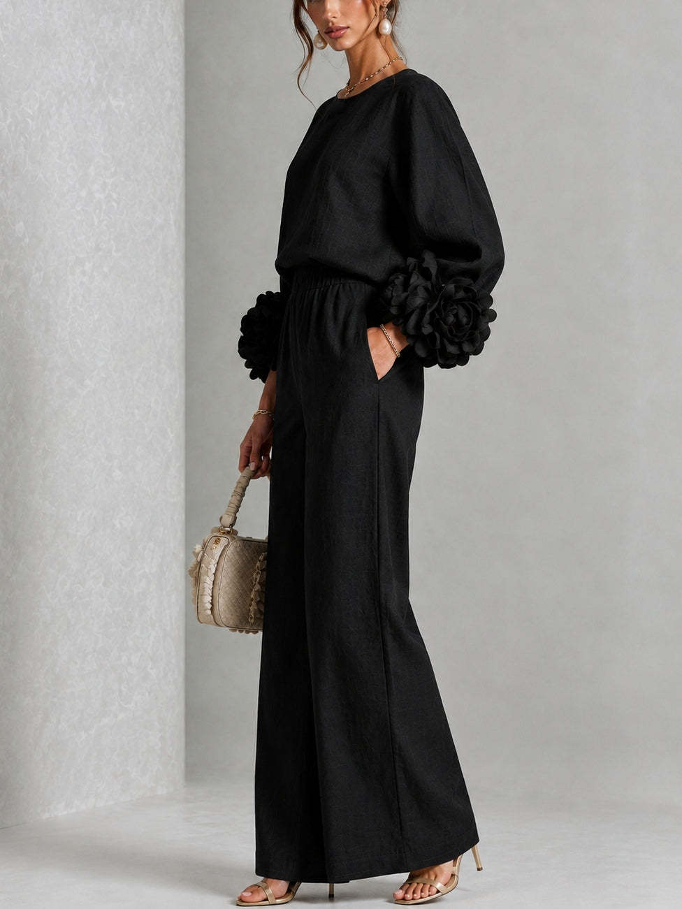 Elegant 3D Floral Cuff Balloon Sleeve Wide-Leg Pants Set
