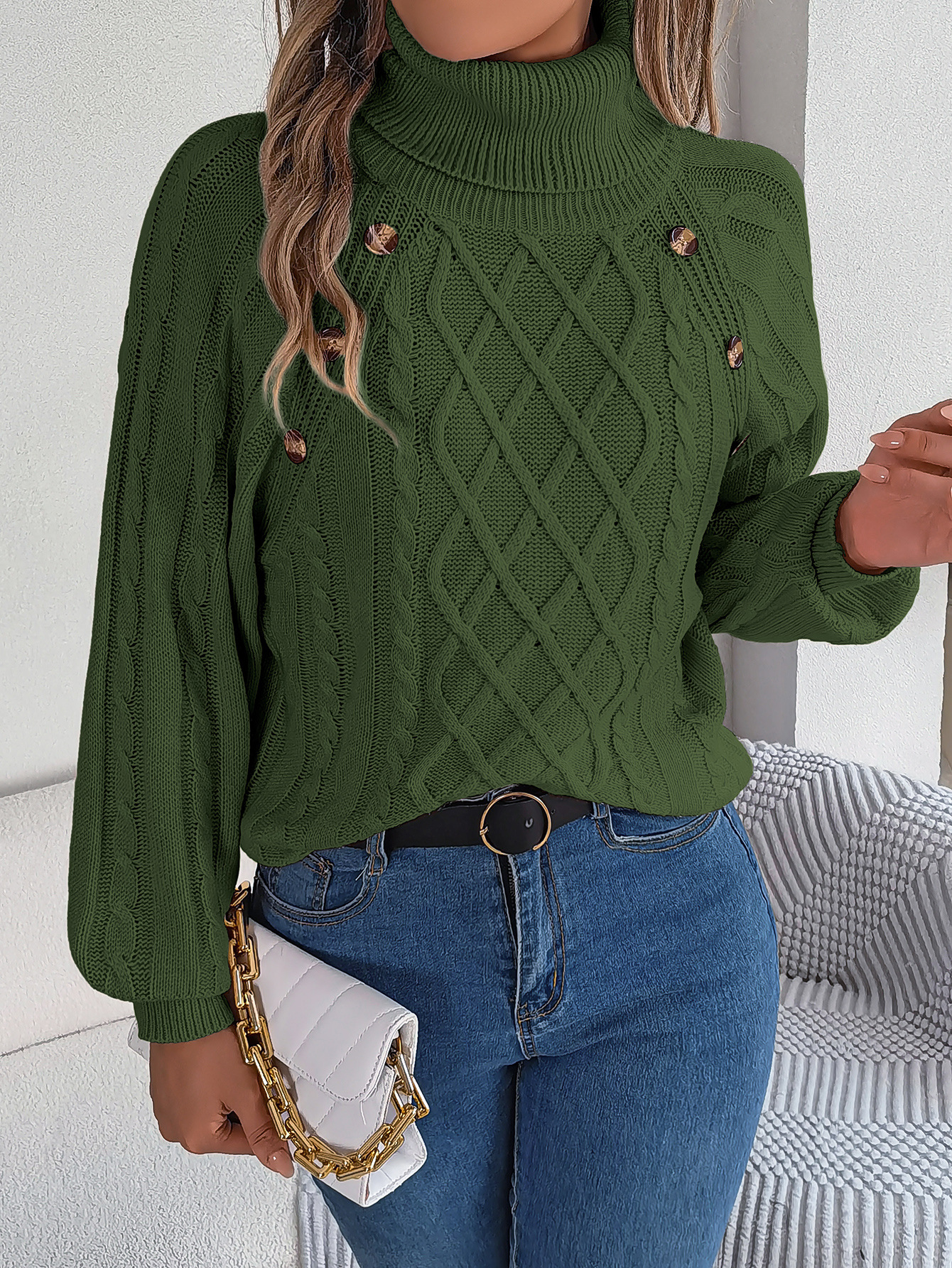 Cozy Turtleneck Cable Knit Button Accent Sweater