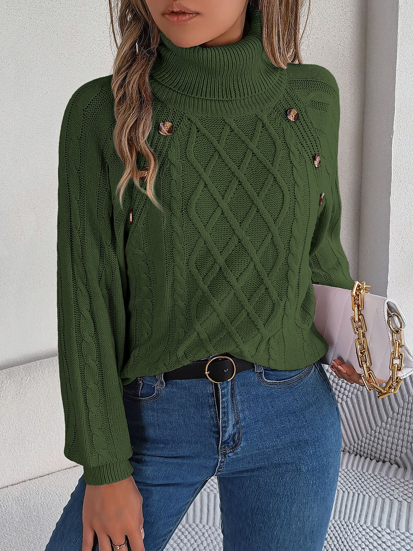 Cozy Turtleneck Cable Knit Button Accent Sweater