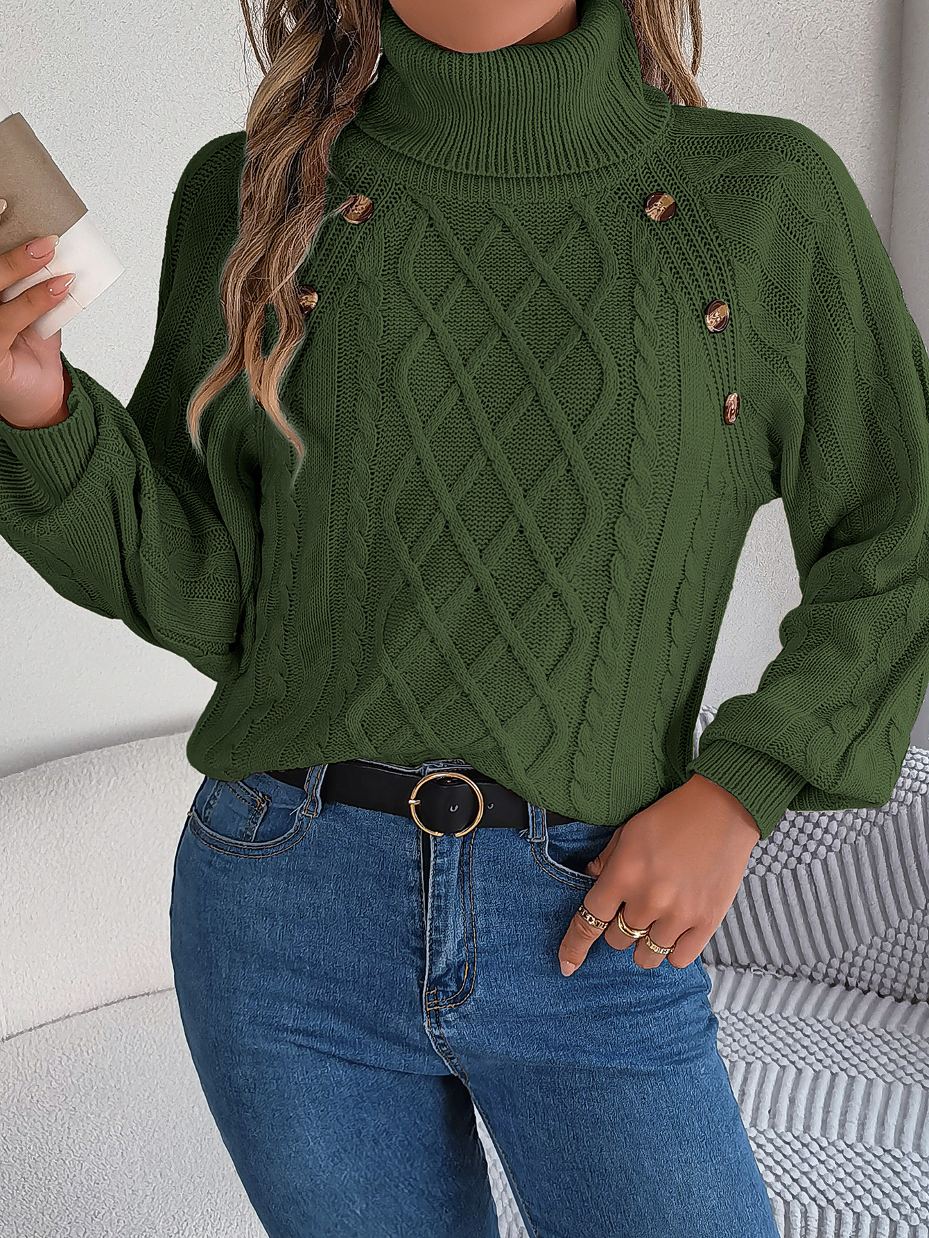 Cozy Turtleneck Cable Knit Button Accent Sweater