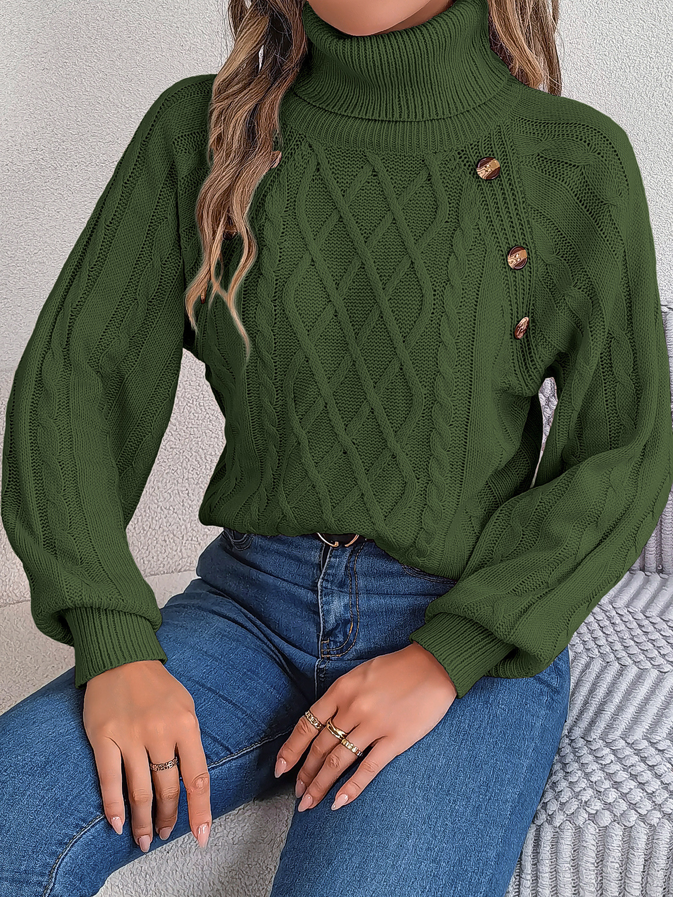 Cozy Turtleneck Cable Knit Button Accent Sweater