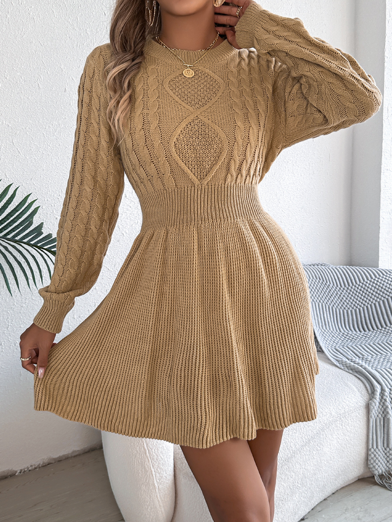 Cable Knit Slim Fit Waistline Sweater Dress