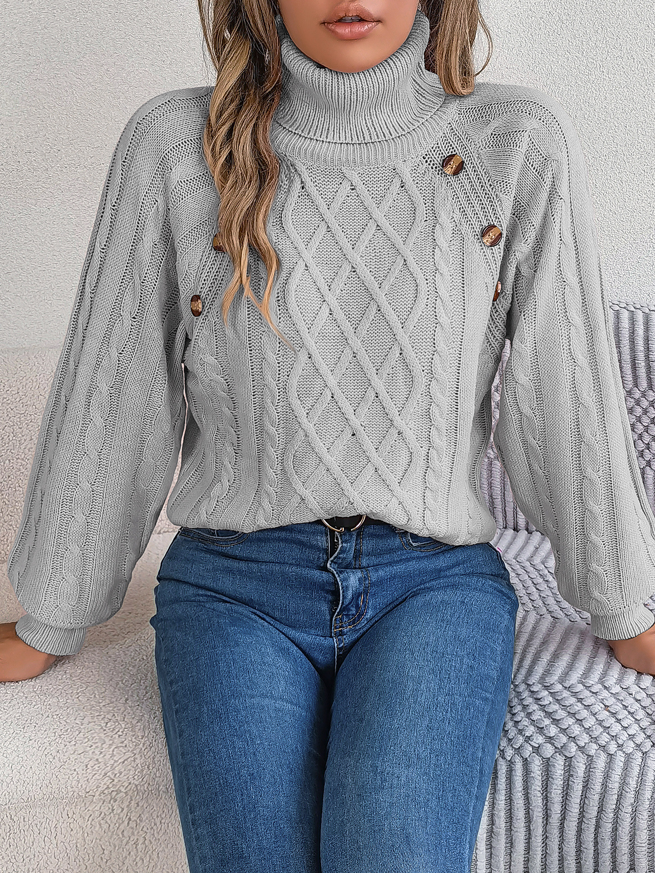 Cozy Turtleneck Cable Knit Button Accent Sweater