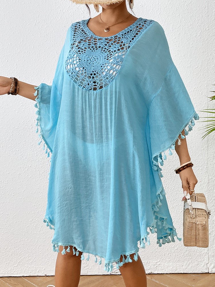 Boho Tassel Trim Crochet Yoke Loose Kaftan Dress