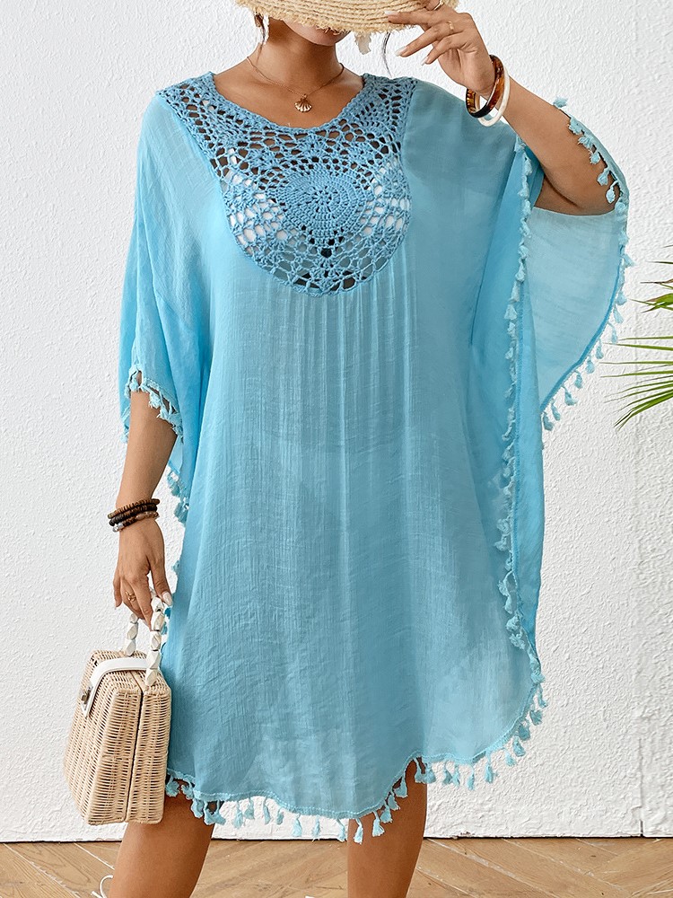 Boho Tassel Trim Crochet Yoke Loose Kaftan Dress