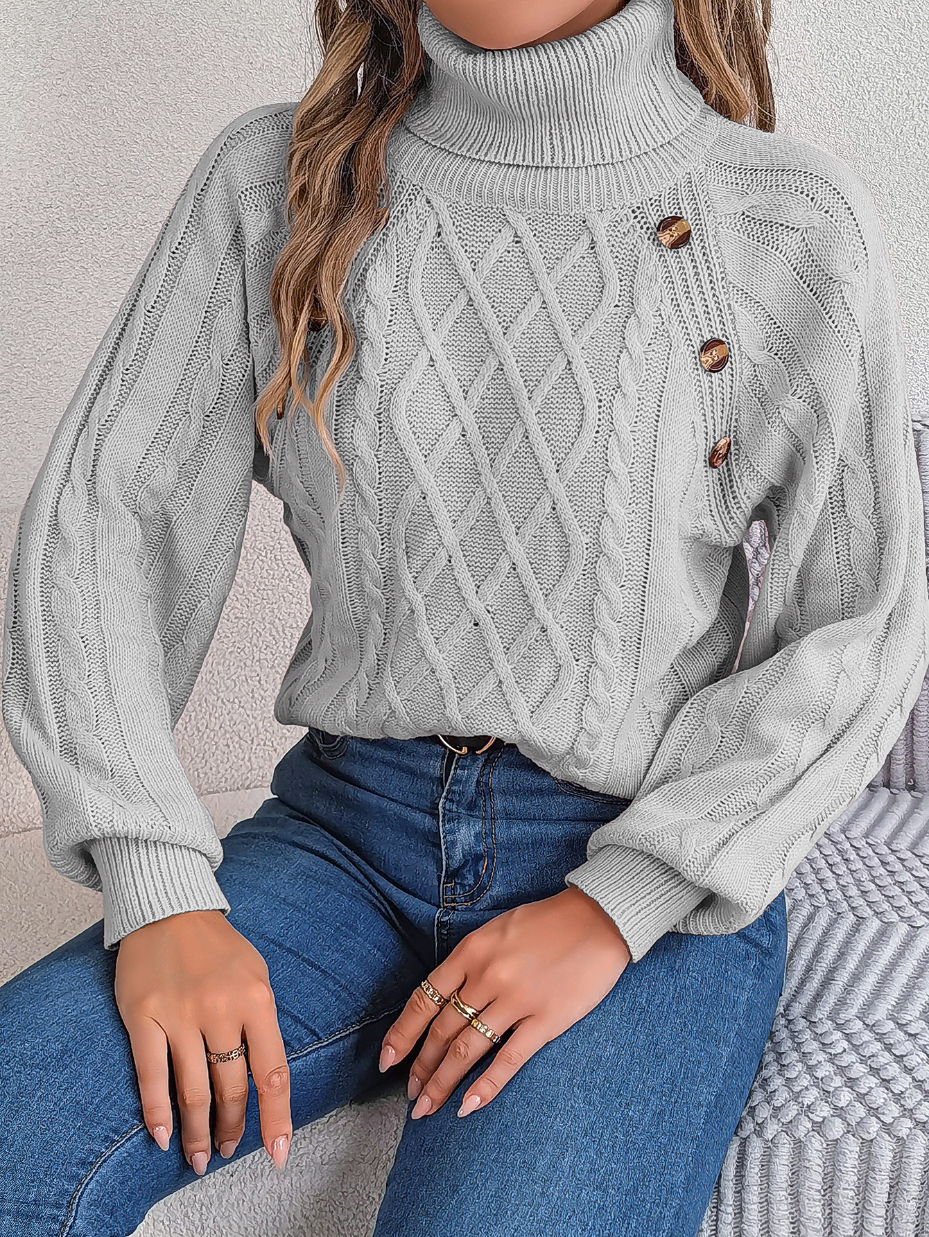 Cozy Turtleneck Cable Knit Button Accent Sweater