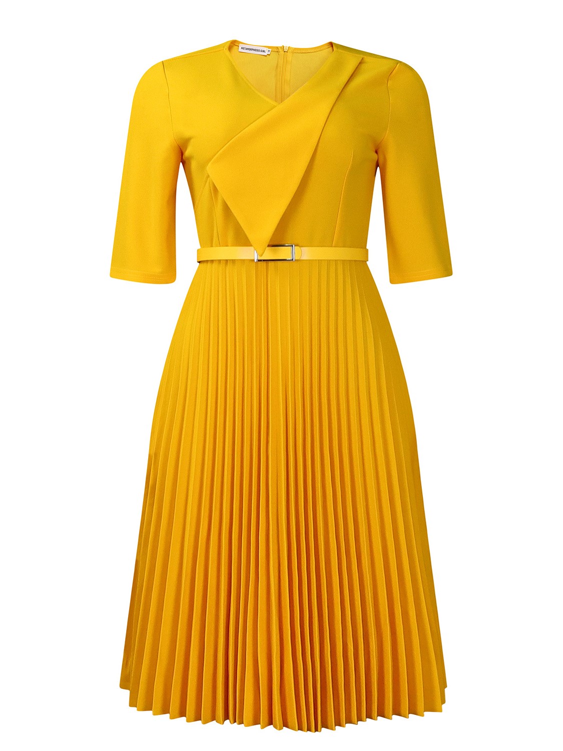 Elegant V-Neck Belted Pleated Midi Dress
