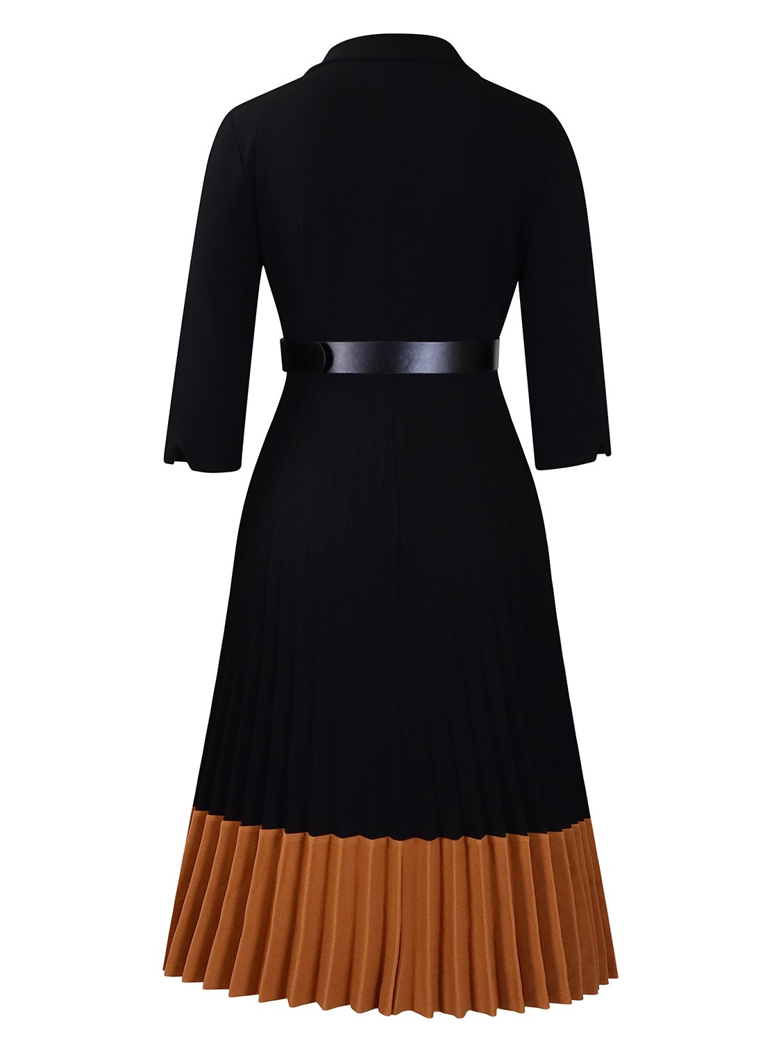 Elegant Colorblock Pleated Hem Midi Dress with Belt 