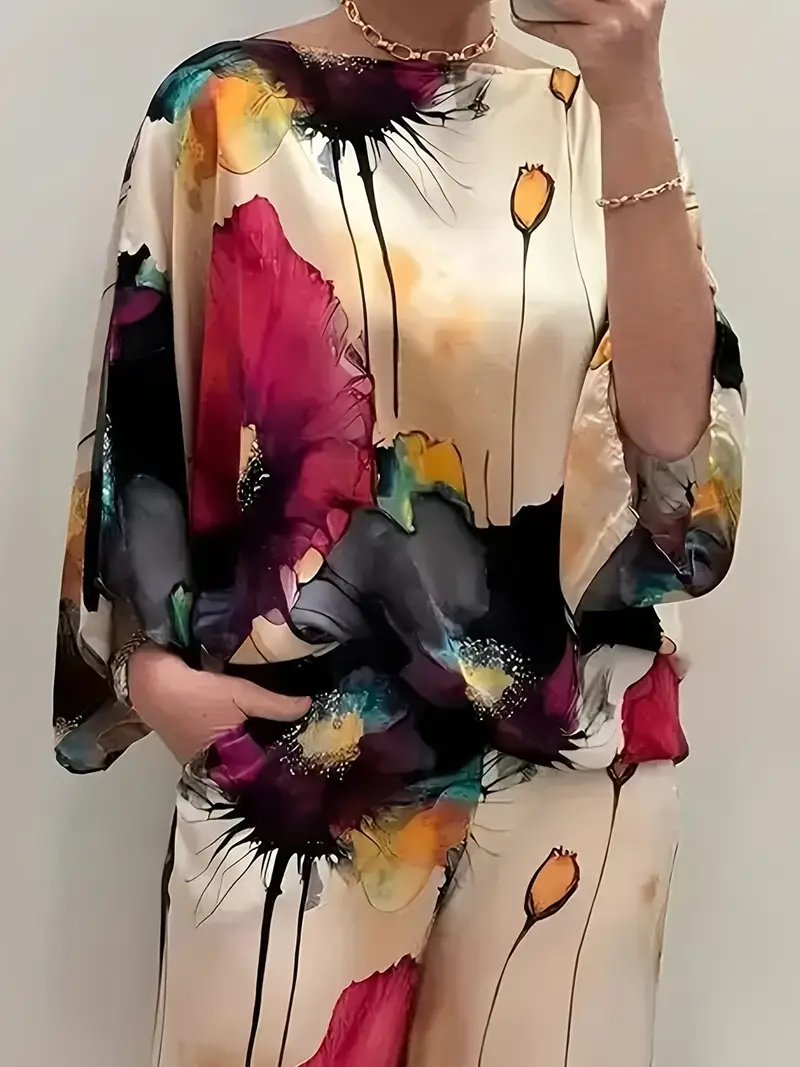 Watercolor Floral Top and Wide Leg Pants Two Piece Set