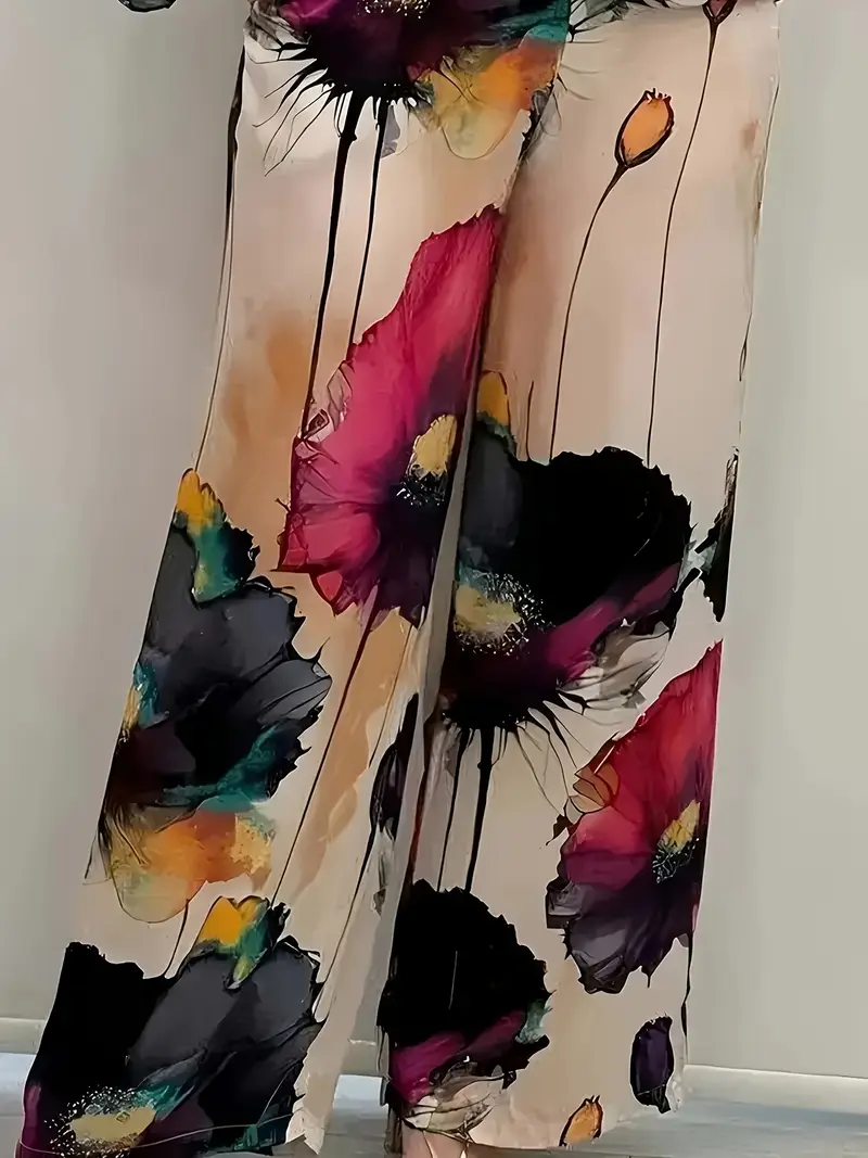 Watercolor Floral Top and Wide Leg Pants Two Piece Set