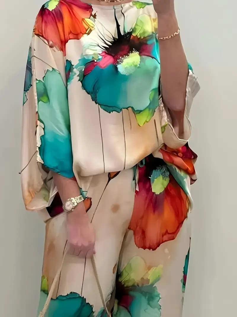 Watercolor Floral Top and Wide Leg Pants Two Piece Set
