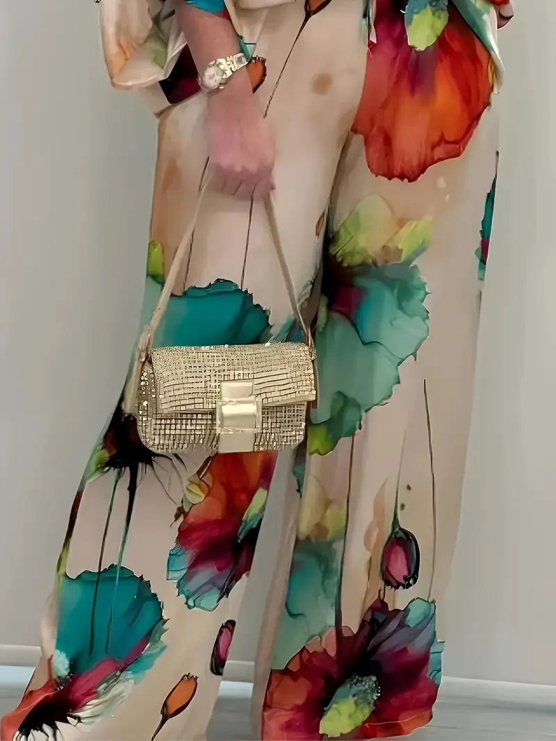 Watercolor Floral Top and Wide Leg Pants Two Piece Set