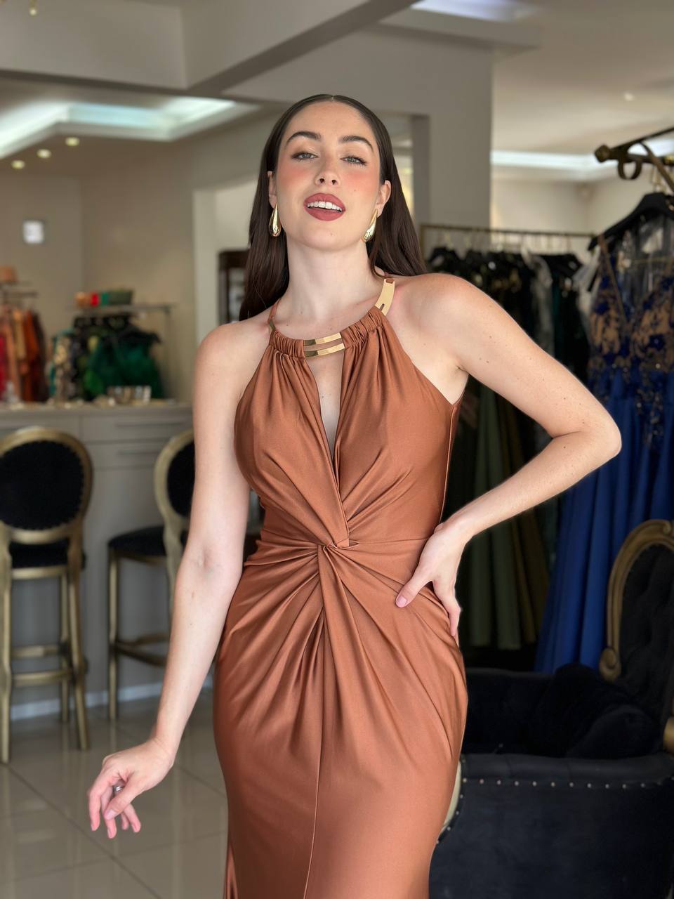 Satin Halter Gown with Ruched Waist and Open Back