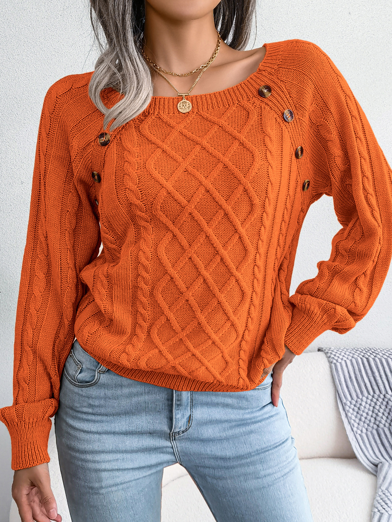 Textured Cable Knit Button Detail Relaxed Fit Sweater 
