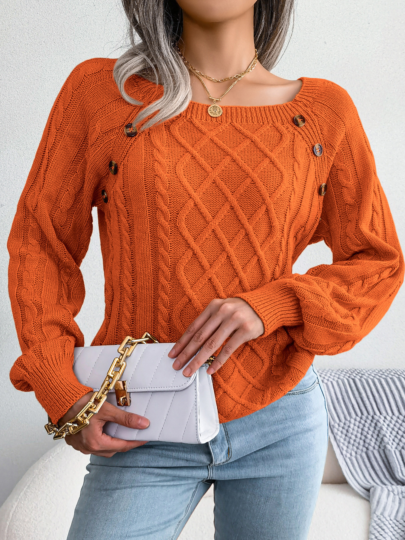 Textured Cable Knit Button Detail Relaxed Fit Sweater 