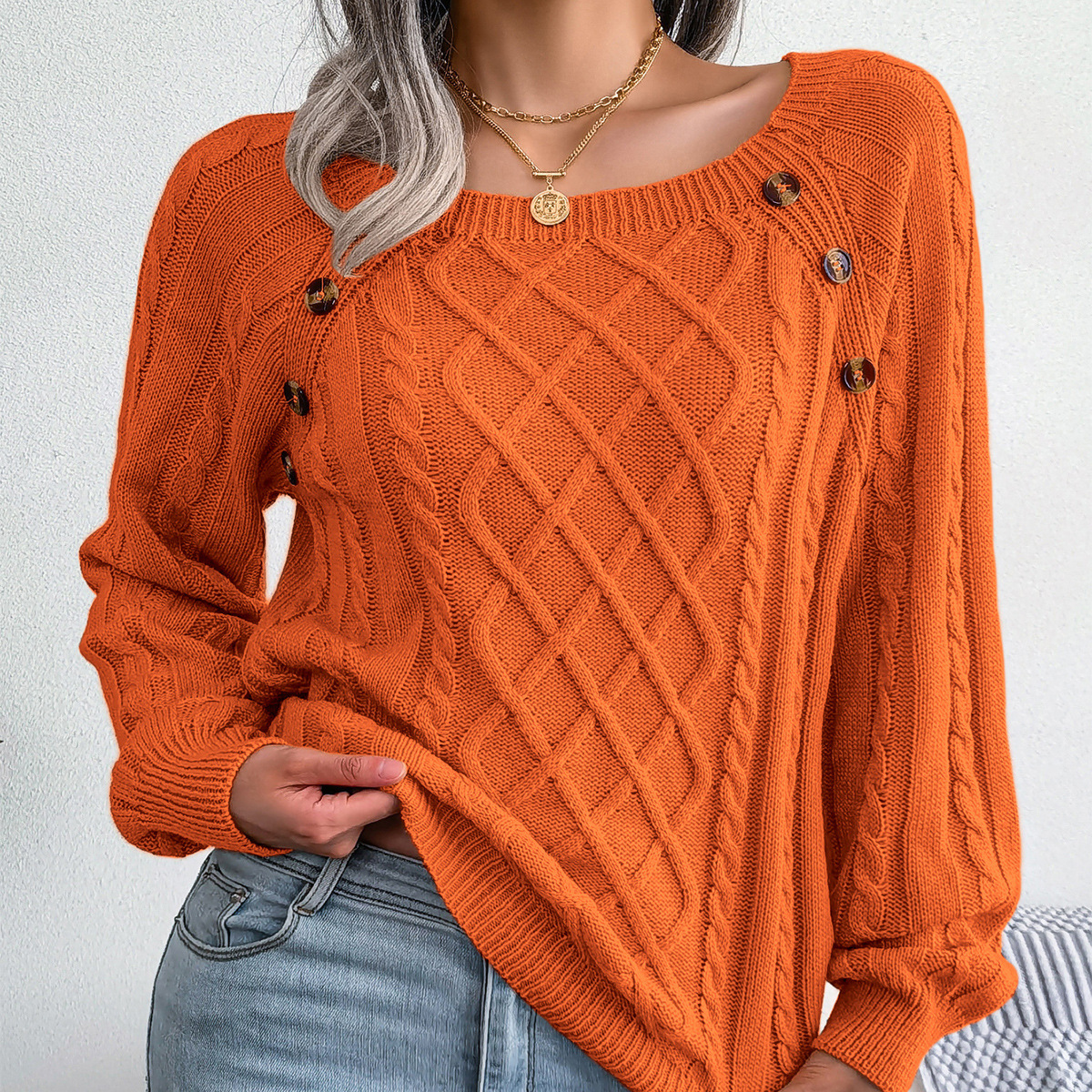Textured Cable Knit Button Detail Relaxed Fit Sweater 