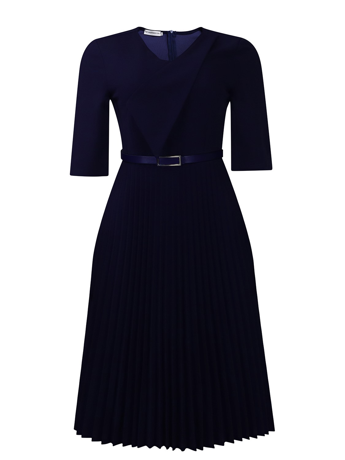 Elegant V-Neck Belted Pleated Midi Dress