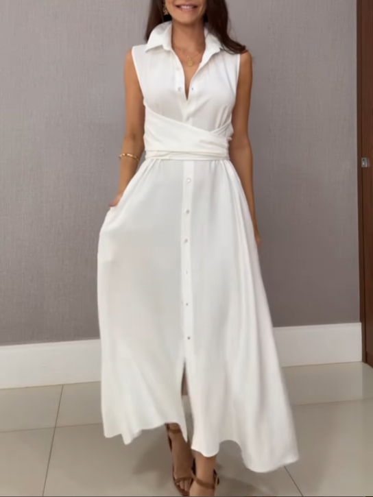Elegant Sleeveless Tie Waist Collared Button Down Maxi Dress