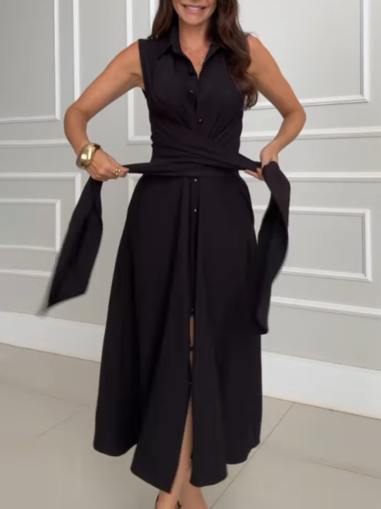 Elegant Sleeveless Tie Waist Collared Button Down Maxi Dress