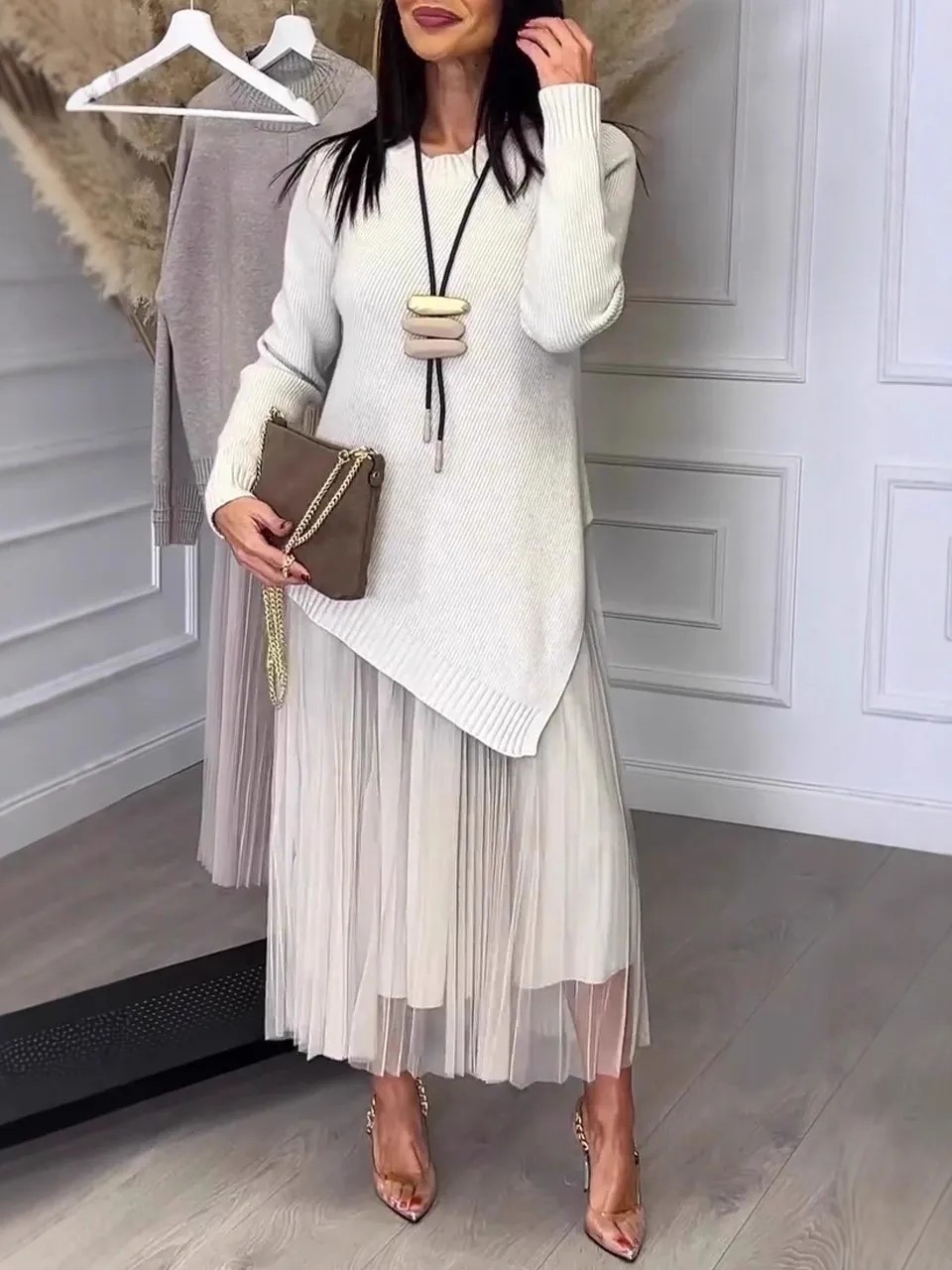 Elegant Pleated Maxi Dress with Asymmetric Knit Sweater Two-Piece Set (Buy 2 Free Shipping)