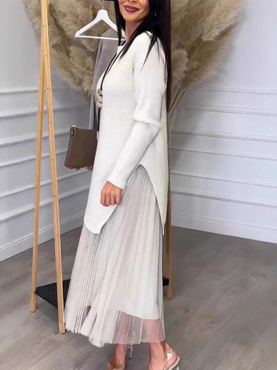 Elegant Pleated Maxi Dress with Asymmetric Knit Sweater Two-Piece Set (Buy 2 Free Shipping)