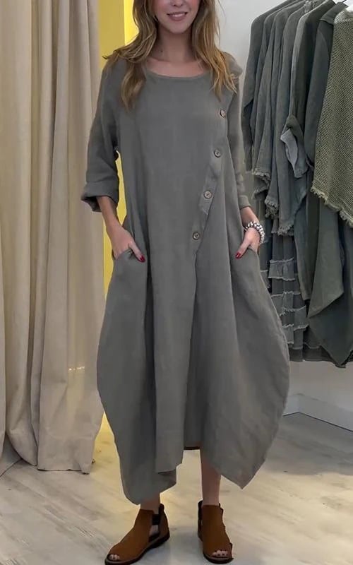 Round Neck Solid Color Cotton and Linen Dress (Buy 2 Free Shipping)