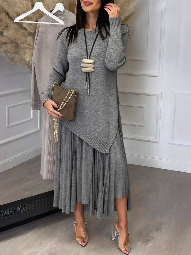 Elegant Pleated Maxi Dress with Asymmetric Knit Sweater Two-Piece Set (Buy 2 Free Shipping)