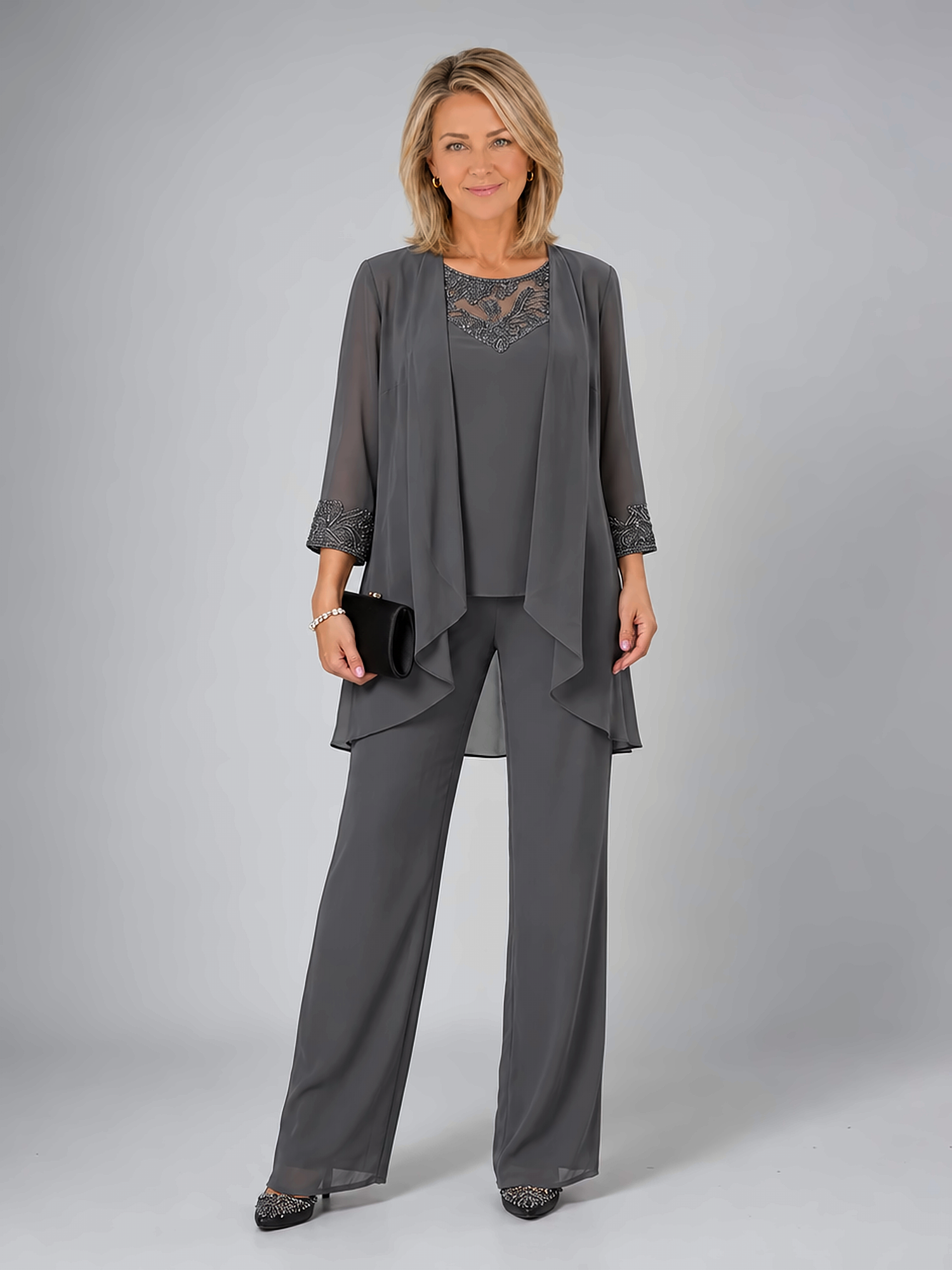 Elegant Lace Detail Three-Piece Pants Set with Draped Cardigan
