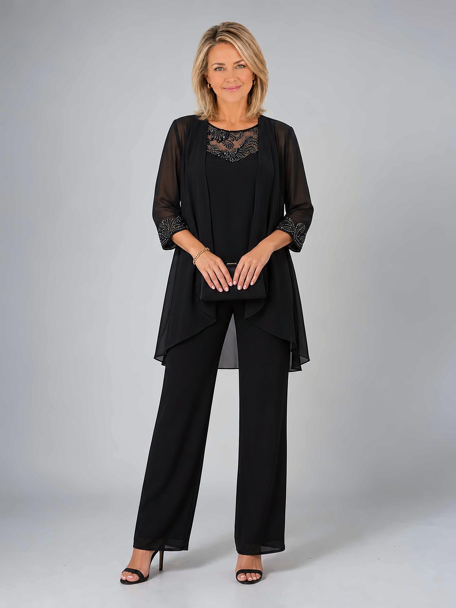 Elegant Lace Detail Three-Piece Pants Set with Draped Cardigan