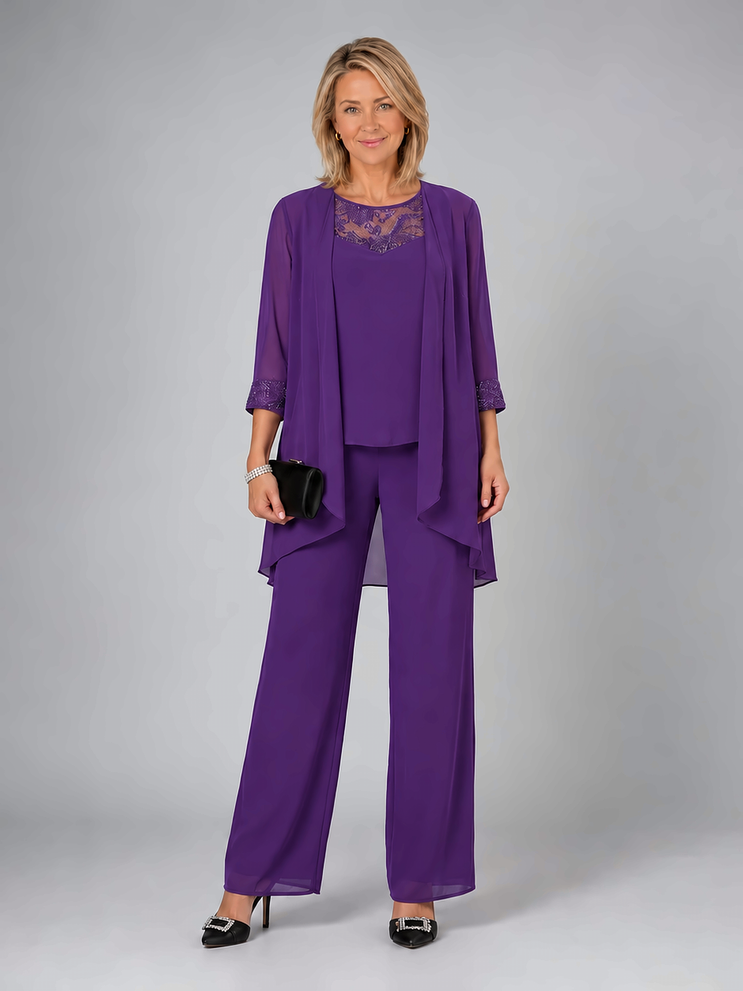Elegant Lace Detail Three-Piece Pants Set with Draped Cardigan