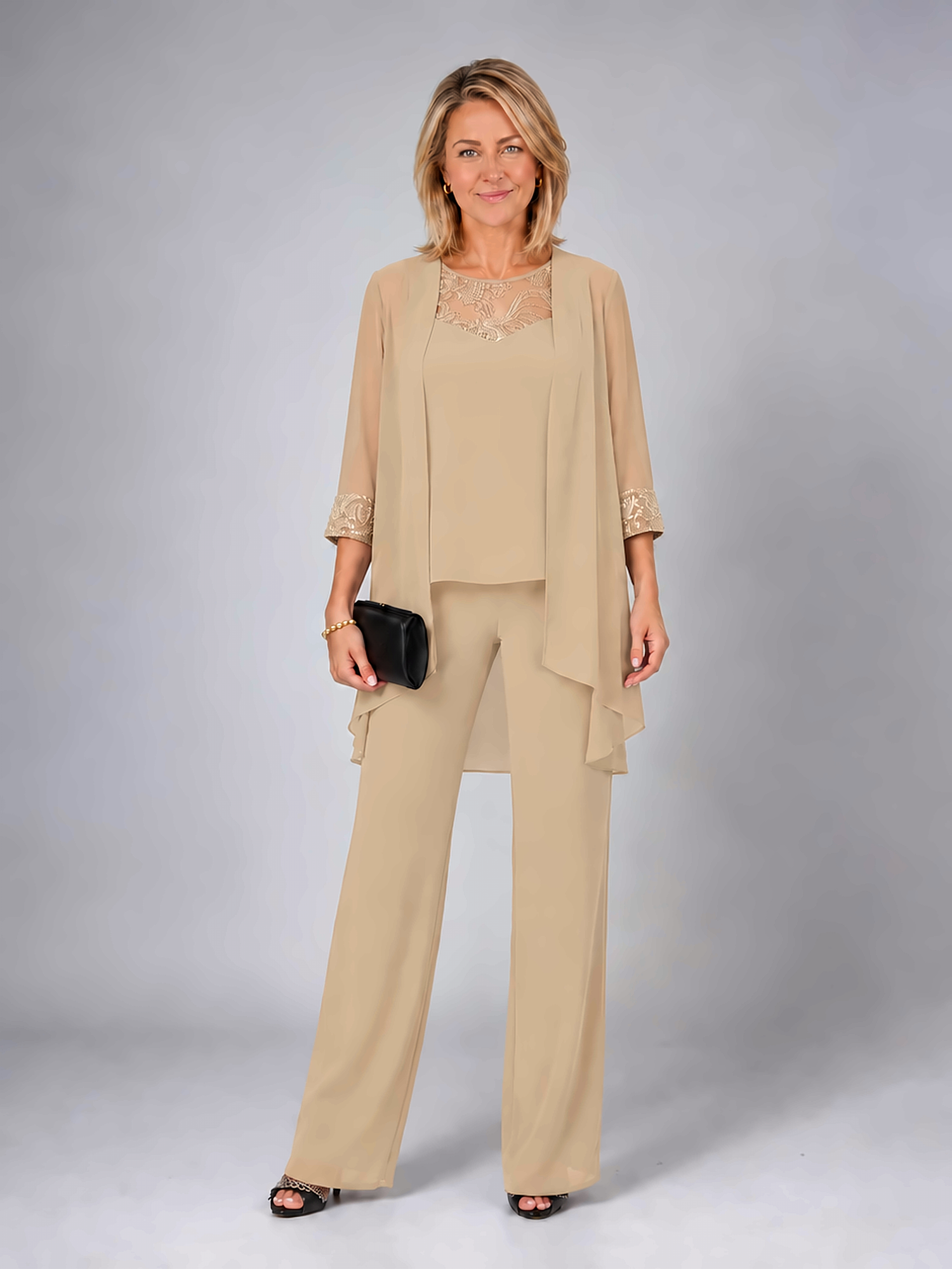Elegant Lace Detail Three-Piece Pants Set with Draped Cardigan