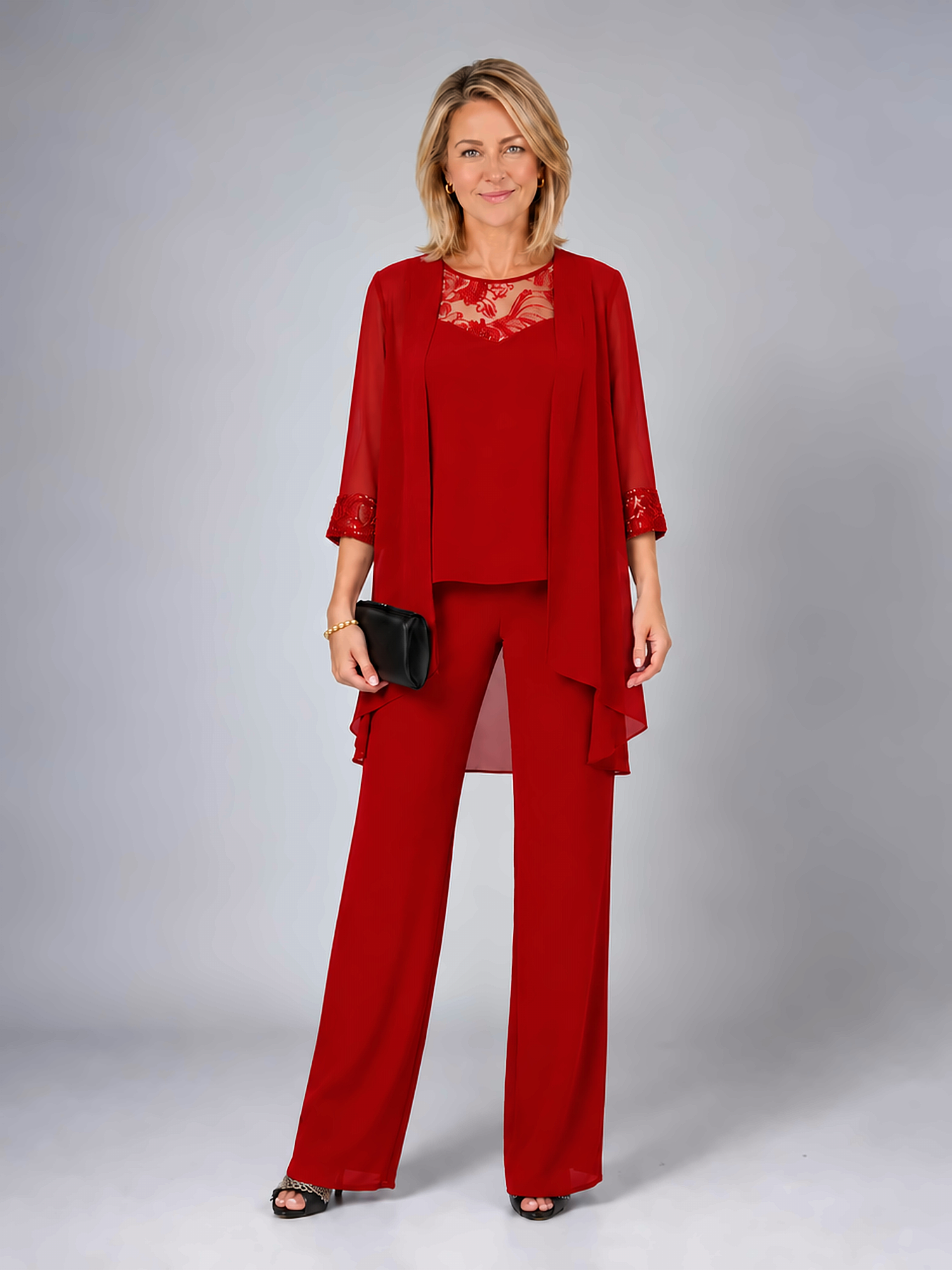 Elegant Lace Detail Three-Piece Pants Set with Draped Cardigan
