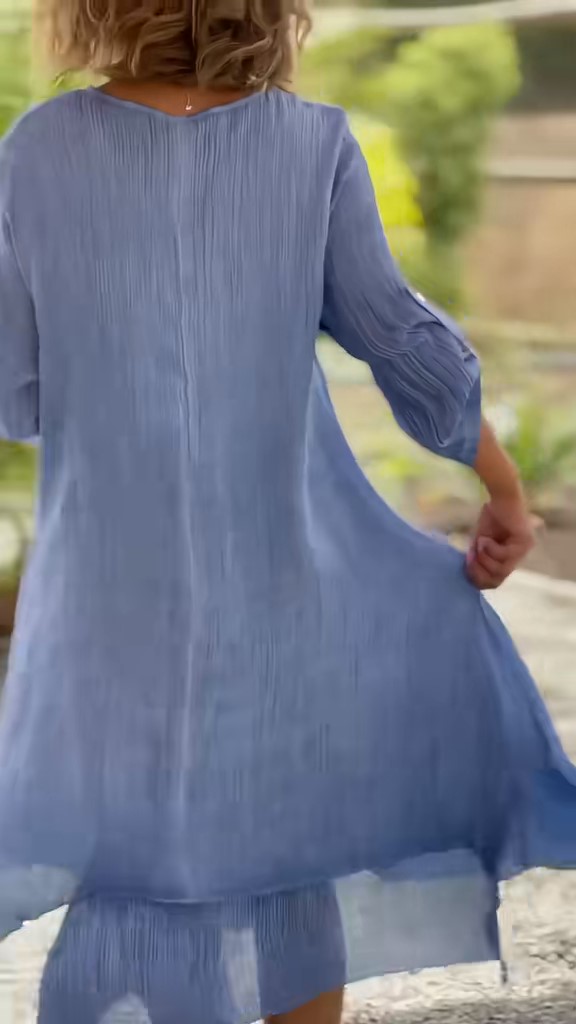 Flowy Textured Layered Hem Dress with Convertible Sleeves