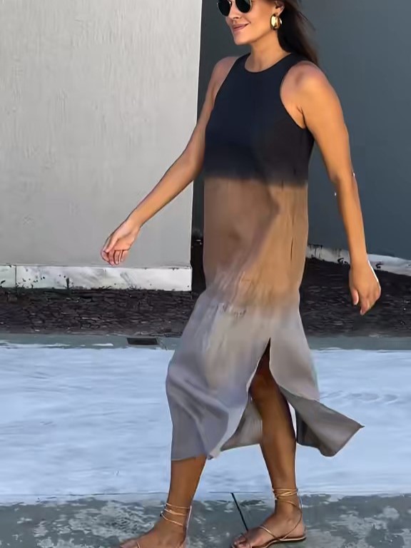 Sleeveless Ombre Side-Slit Midi Dress