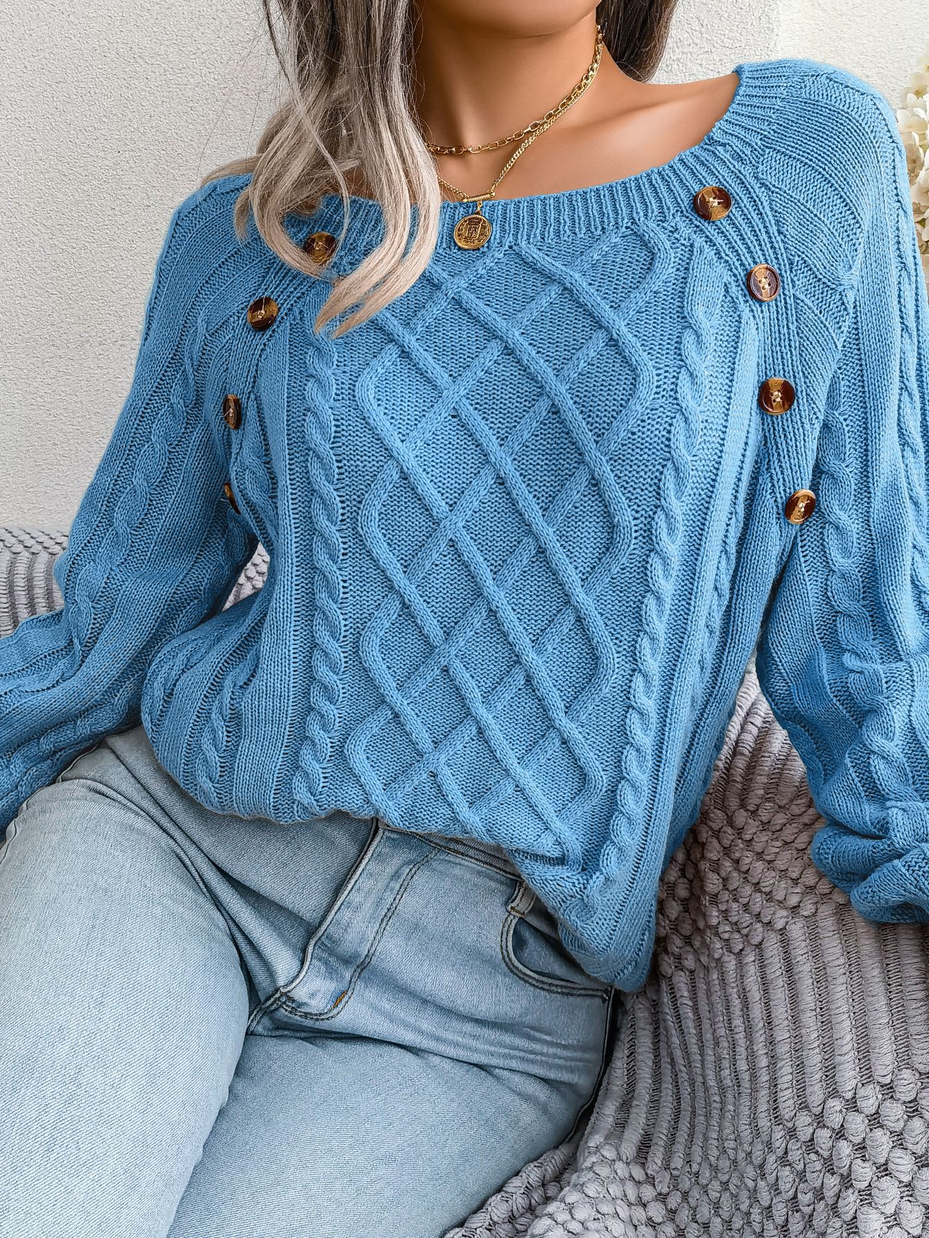 Textured Cable Knit Button Detail Relaxed Fit Sweater 