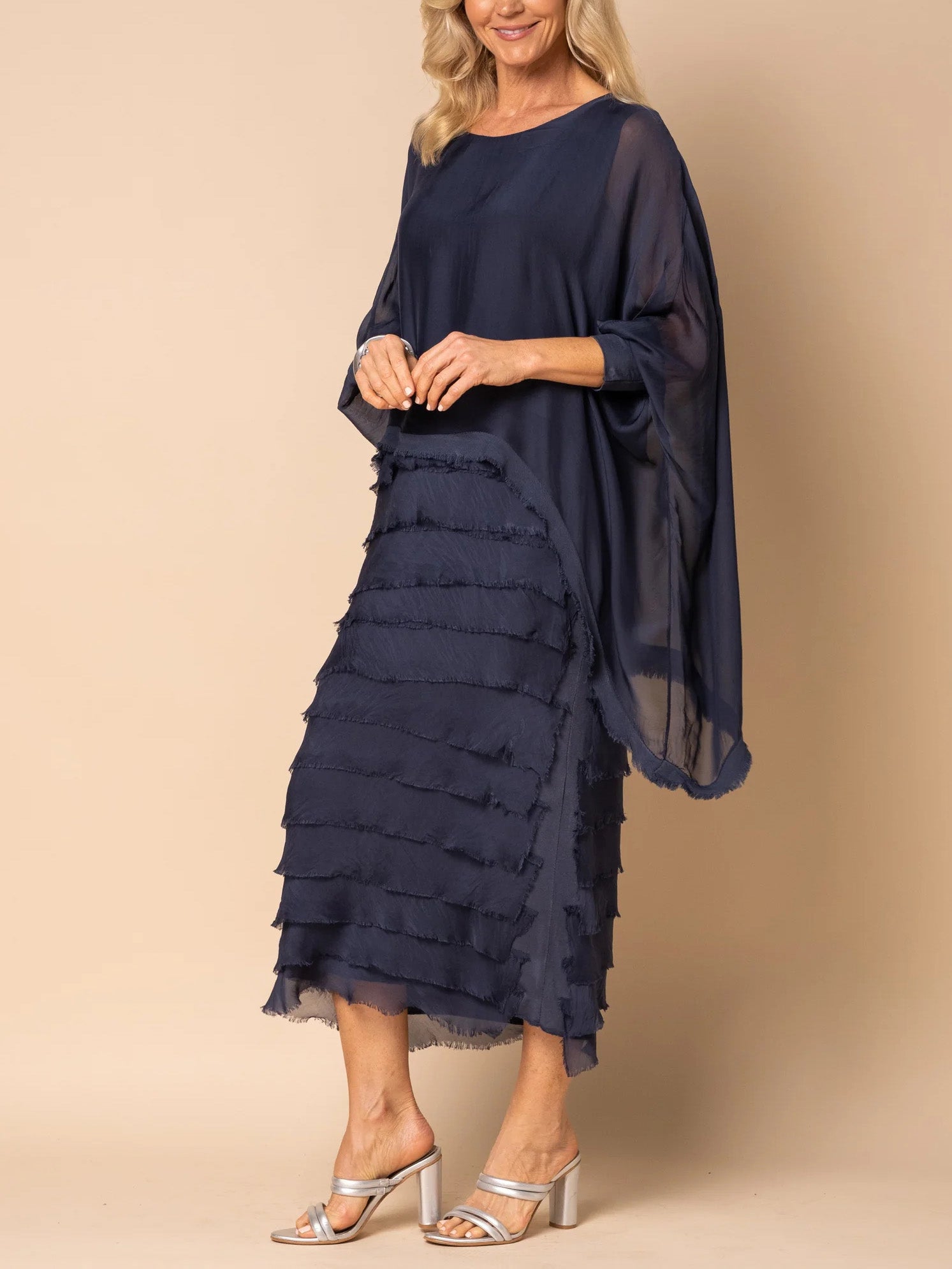Frayed Trim Tiered Midi Dress (Buy 2 Free Shipping)