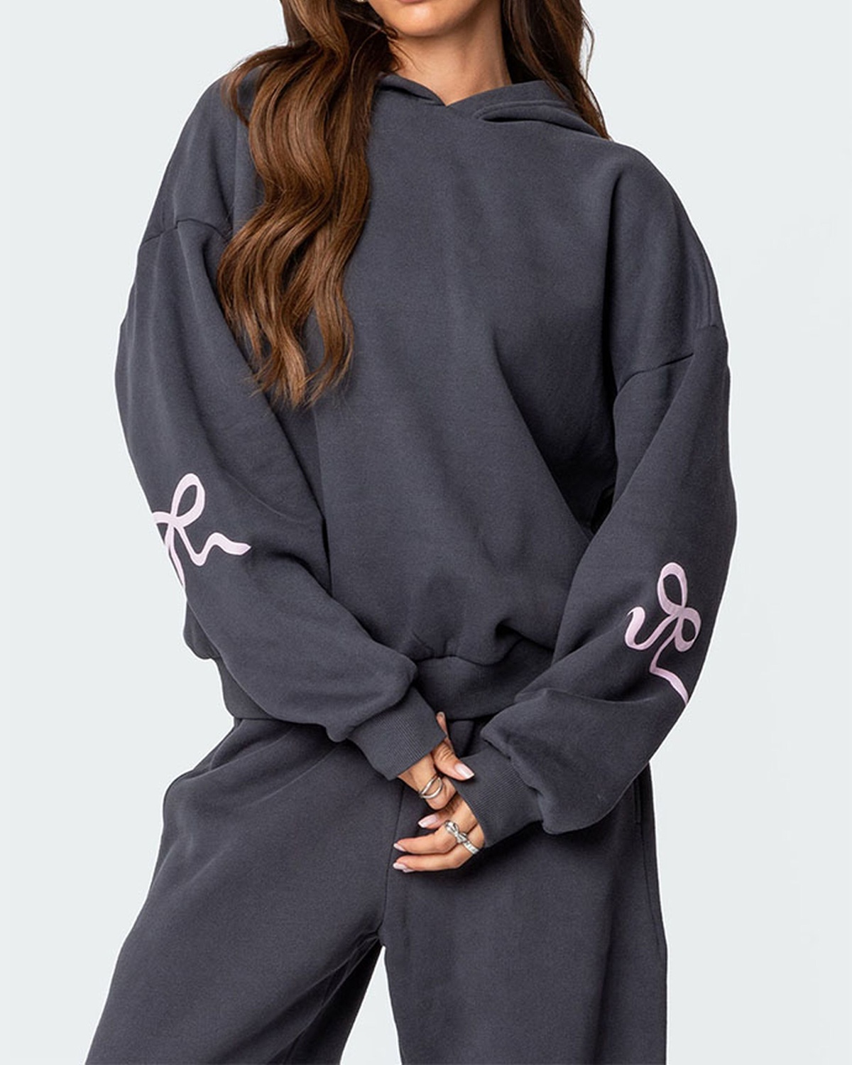 Bow Detail Hoodie Sweat Set (Buy 2 Free Shipping)