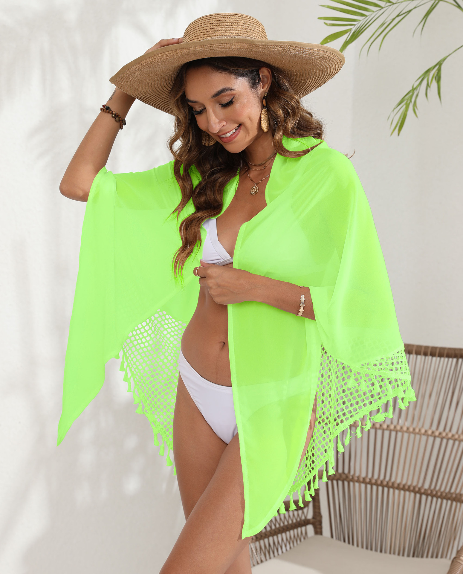 Tassel Trim Mesh Cover-Up Shawl