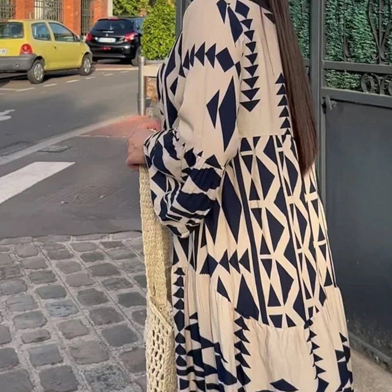 []Geometric Print Boho Tiered Maxi Dress